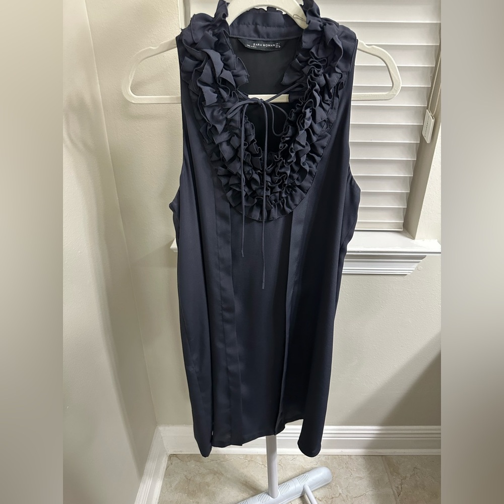 Zara Woman Smoky Navy Ruffled Sleeveless Dress, L